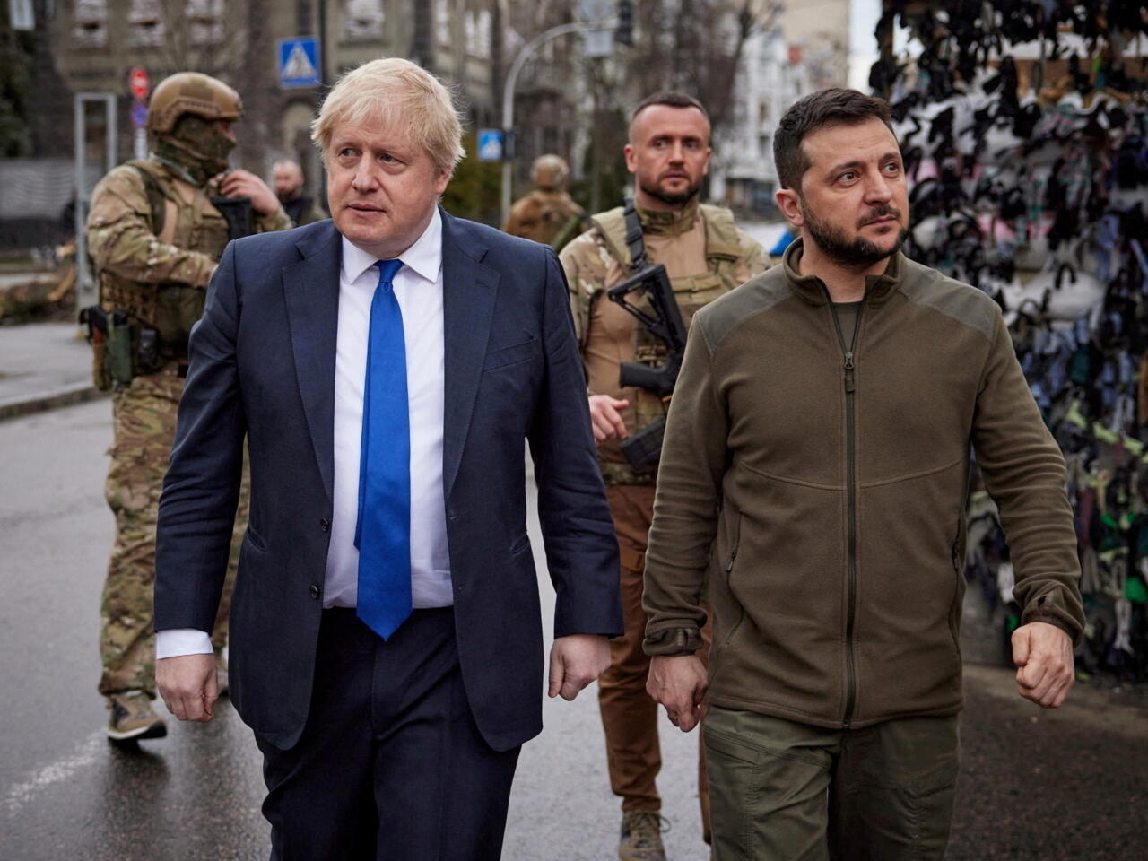 FILE PHOTO: Ukraine’s President Zelenskiy and British PM Johnson walk in central Kyiv