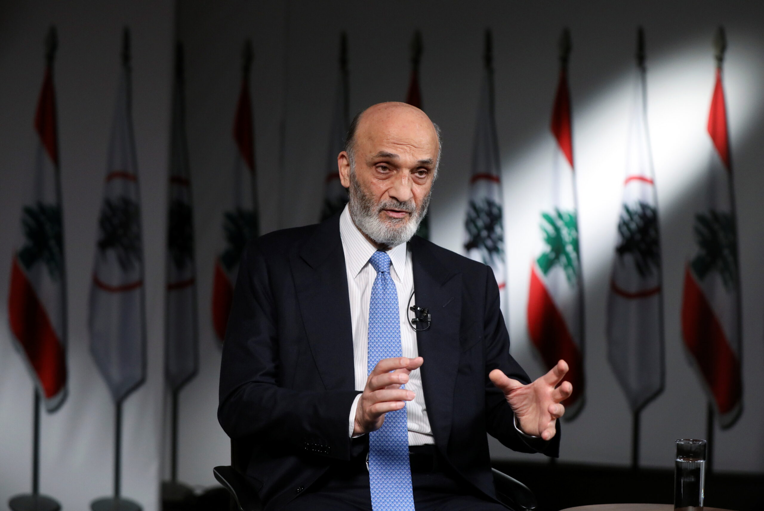Samir Geagea, the leader of Lebanon’s Christian Lebanese Forces party, speaks during an interview with Reuters at his residence in Maarab