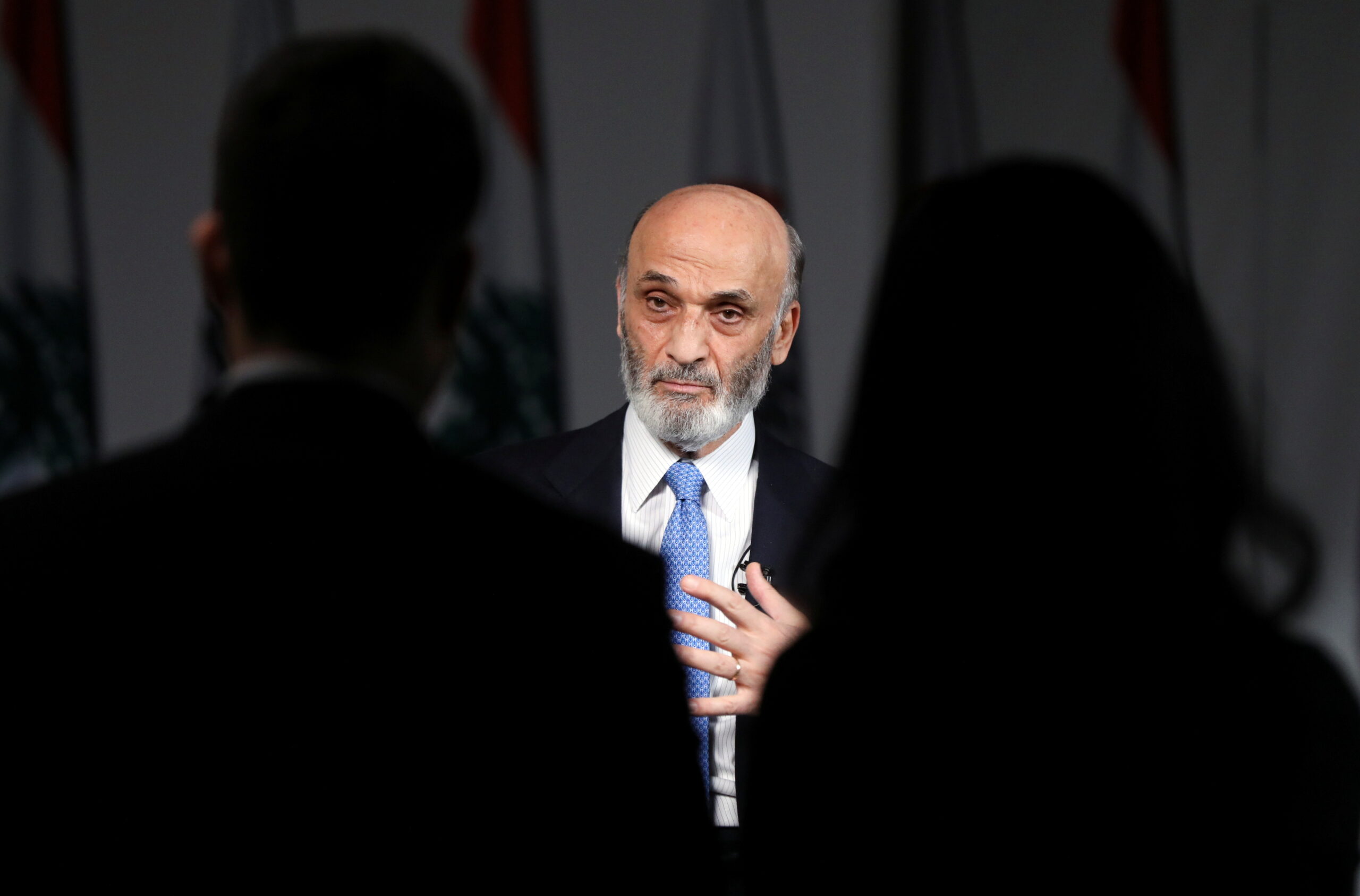 Samir Geagea, the leader of Lebanon’s Christian Lebanese Forces party, speaks during an interview with Reuters at his residence in Maarab